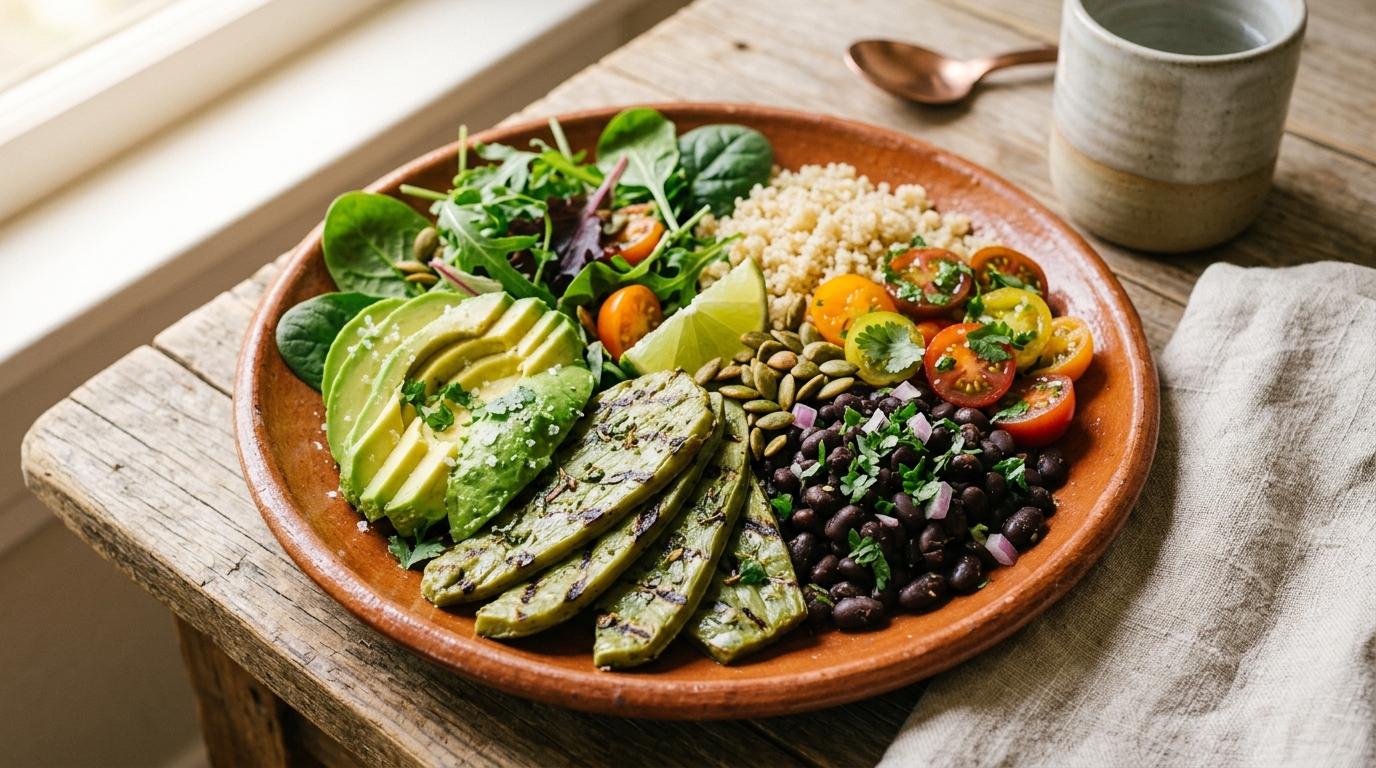 Platillo balanceado tradicional mexicano con nopal asado, aguacate, frijoles negros y quinoa para control glucémico